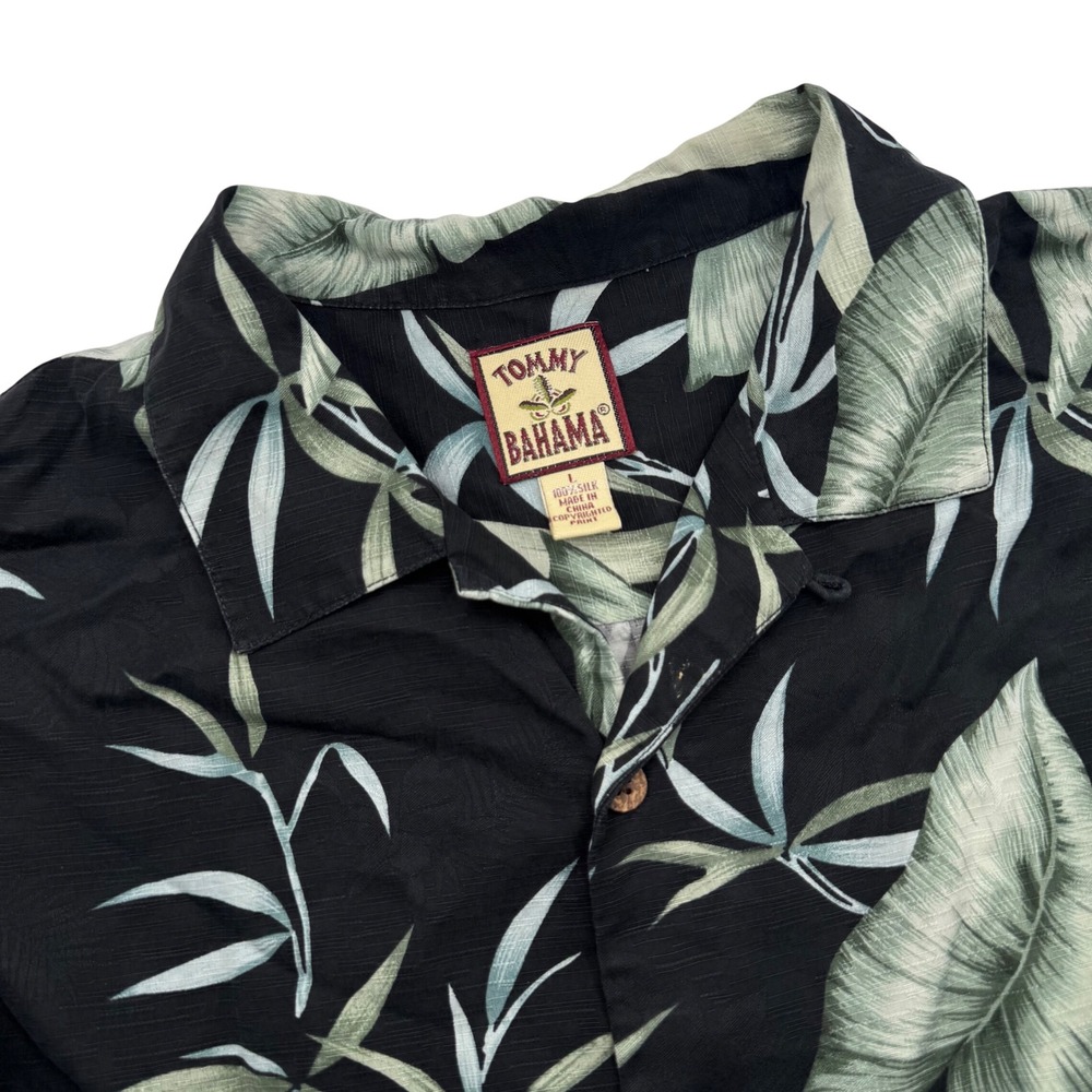 Tommy Bahama Shirt Mens Large Black Silk Tropical Palm Bamboo Leaf Camp Hawaiian